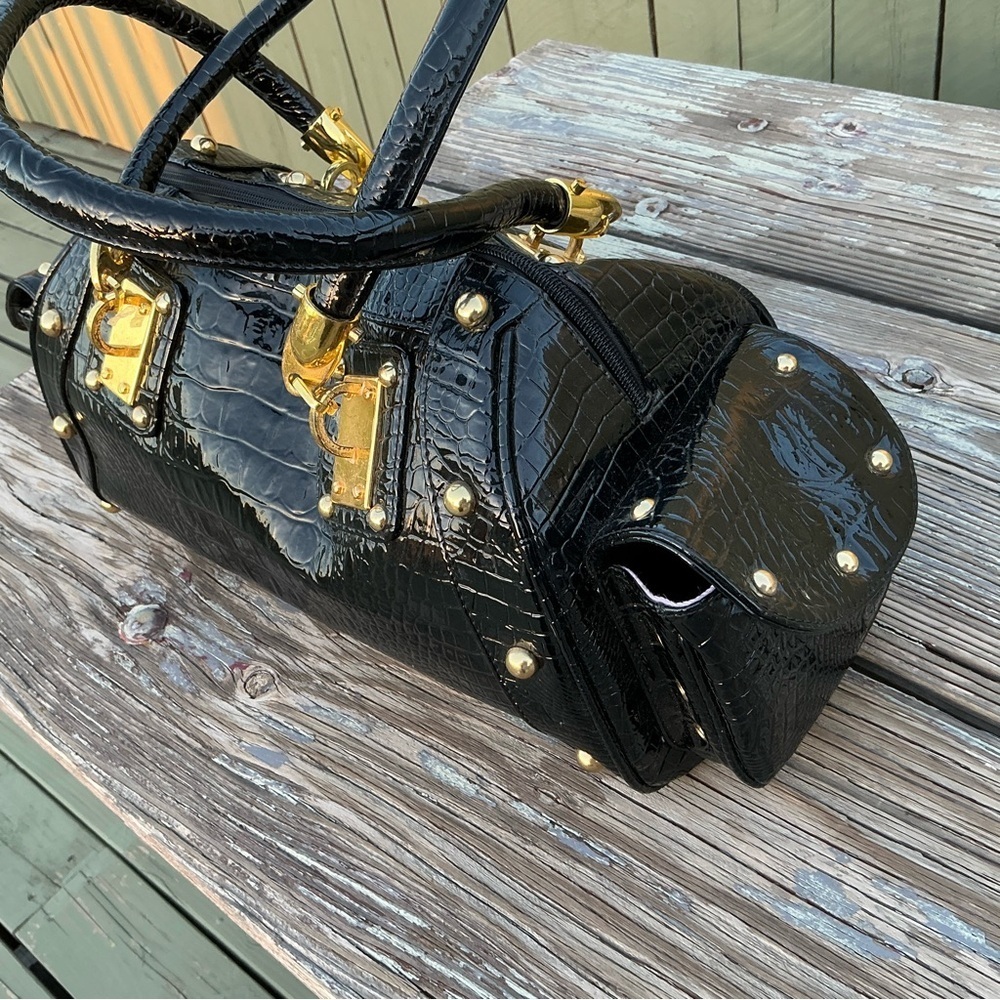 Vintage Calla 90’s Snake Pattern Patent Studded Faux Purse Black Satchel Hand Bg - Picture 2 of 15